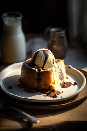 Chocolate Souffle with ice cream and chocolate chips on a plateの素材