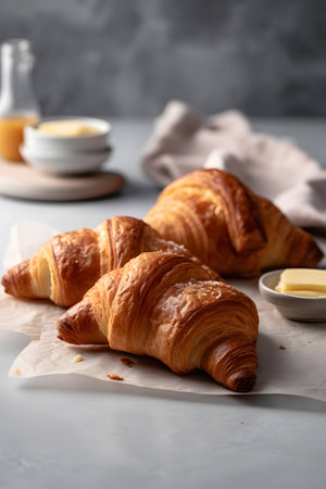 Tasty croissants with butter on gray table, closeupの素材