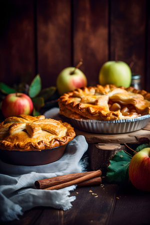 Homemade apple pie with cinnamon and apples on a dark wooden backgroundの素材