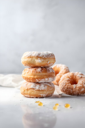 Donuts with icing sugar on a white background. Copy space.の素材