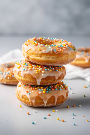Delicious donuts with glaze and sprinkles on light backgroundの素材