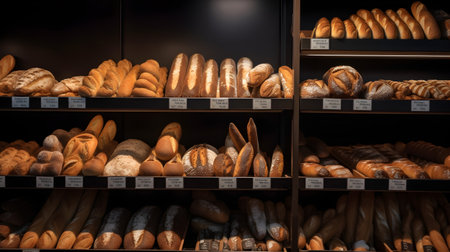 Bread shop shelves with different types of loaves and bunsの素材