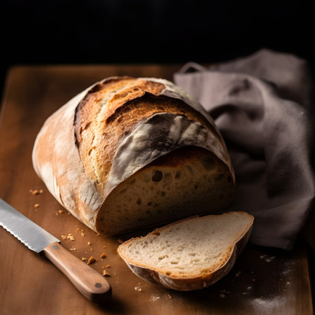 loaf of bread on a wooden board with a knife on a dark backgroundの素材