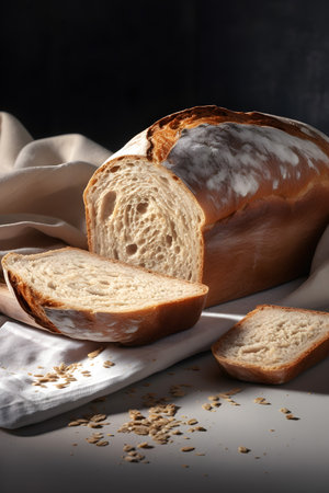Freshly baked sourdough bread with oat flakes on a white napkin on a dark backgroundの素材