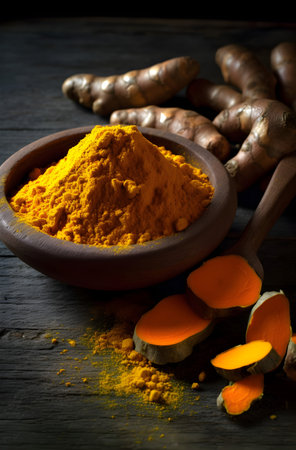 Turmeric powder in wooden bowl and fresh turmeric roots on wooden table.の素材