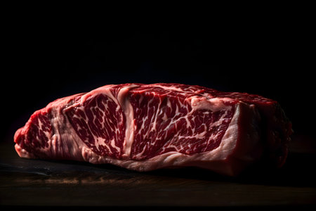 Raw dry aged wagyu beef ribeye steak on black backgroundの素材