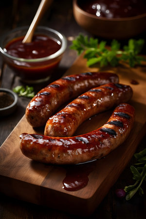 Grilled sausages with barbecue sauce on a wooden board.の素材