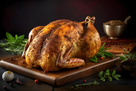 Whole roasted turkey on cutting board with herbs and spices on dark backgroundの素材