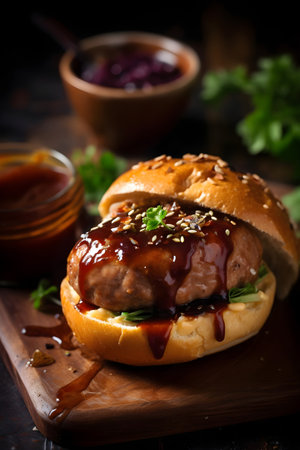 Beef Hamburger with BBQ Sauce on a rustic wooden tableの素材