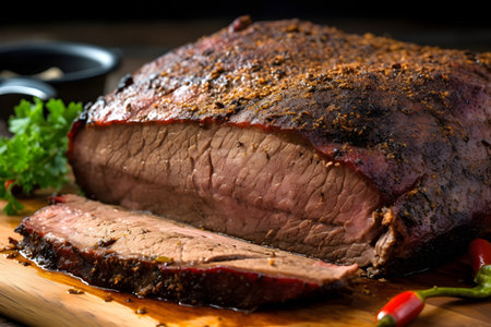 roast beef with spices on a wooden cutting board, selective focusの素材