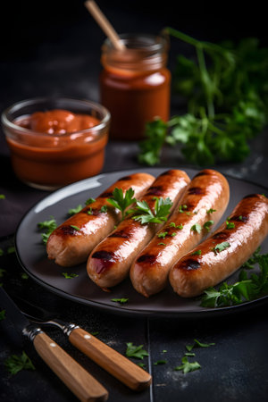 Grilled sausages with ketchup and parsley on a black backgroundの素材