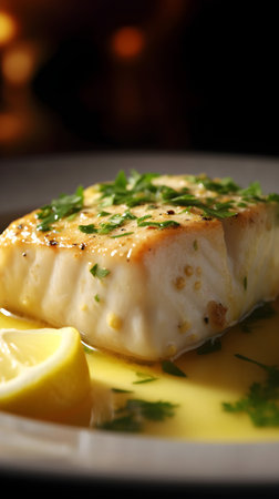 Fish dish - baked fish fillet with lemon and parsley.の素材