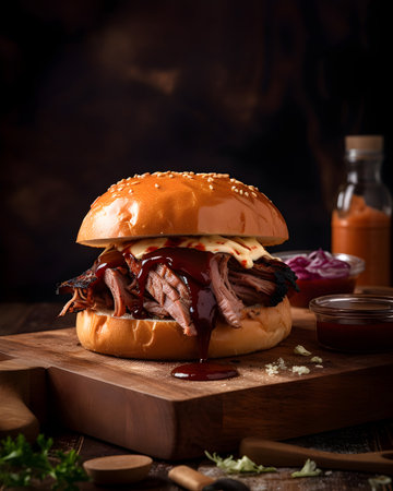 Bacon burger with pulled pork, ketchup and mayonnaiseの素材