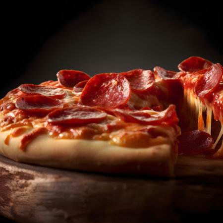 Pizza with salami and pepperoni on a black background.の素材