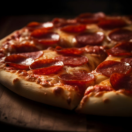 Pepperoni pizza with salami on wooden table, selective focusの素材