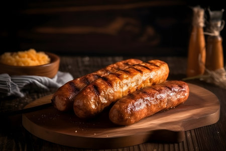 Grilled sausages on a wooden board. Selective focus.の素材