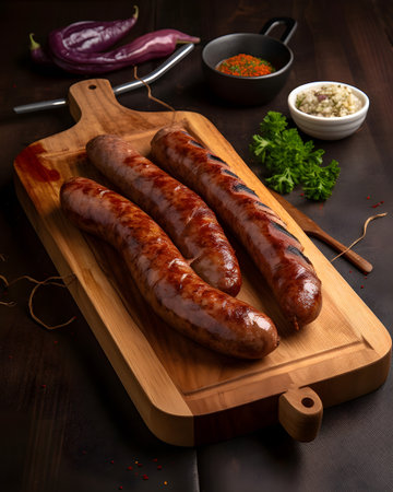Grilled sausages on a wooden cutting board on a dark backgroundの素材