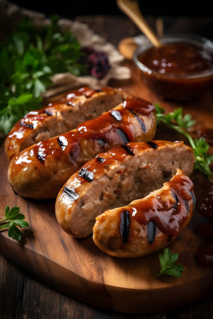 Grilled sausages with ketchup and parsley on wooden boardの素材