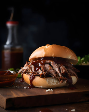 Barbecue pulled pork sandwich with barbecue sauce on a wooden board.の素材