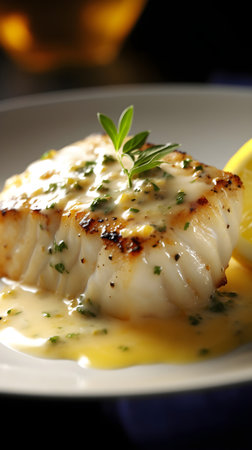 Fish fillet with lemon and sauce on plate, close-upの素材