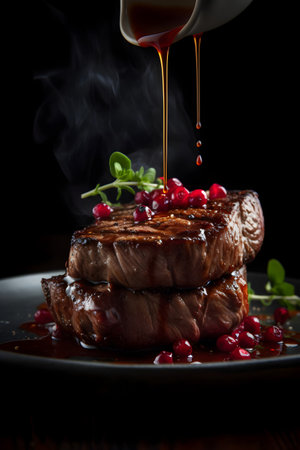 Grilled beef steak with cranberries and sauce on a black backgroundの素材