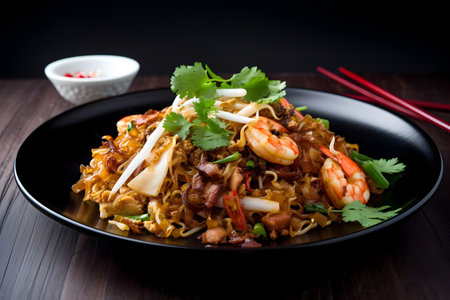 fried noodles with shrimps and vegetables on black plate on wooden tableの素材