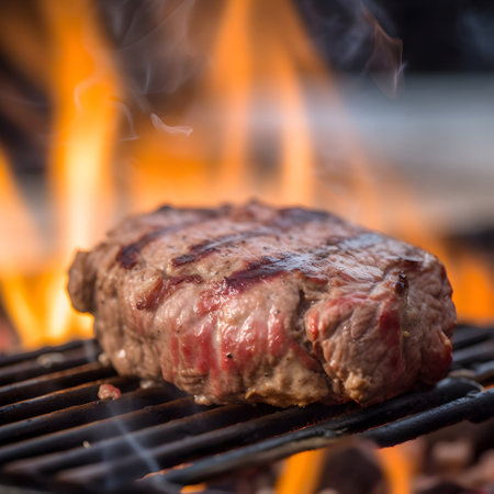 Grilled beef steak on a barbecue grill with flames in the backgroundの素材