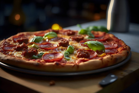 Pizza with salami, mozzarella cheese and basil on wooden tableの素材