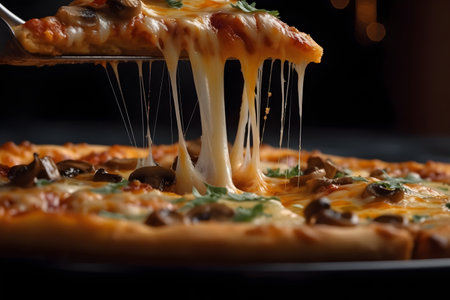 Pizza with mushrooms and mozzarella cheese on a black backgroundの素材