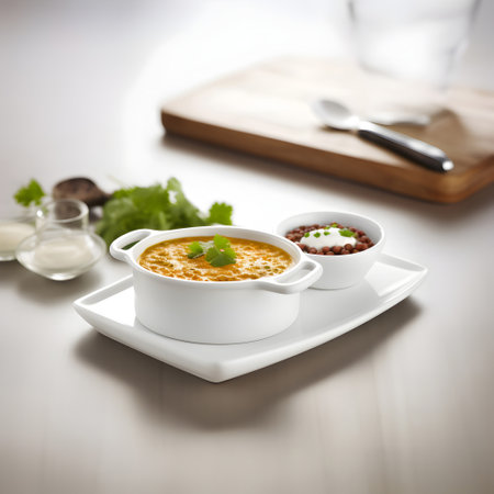 Pumpkin soup in white bowl on wooden table, selective focusの素材