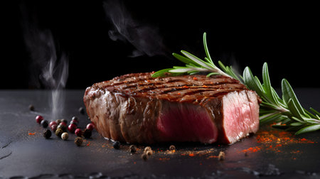 Grilled beef steak with rosemary and spices on a black backgroundの素材