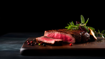 Steak with herbs and spices on a wooden board. Black background.の素材