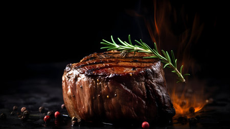 Grilled beef steak with rosemary and spices on a black backgroundの素材