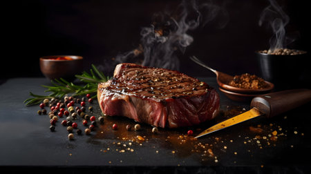 Grilled beef steak with spices and herbs on a black background.の素材
