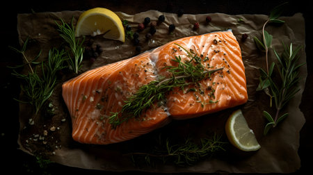 Raw salmon fillet with rosemary, lemon and spices on wooden backgroundの素材