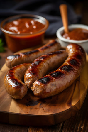Grilled sausages with ketchup and mustard on wooden boardの素材