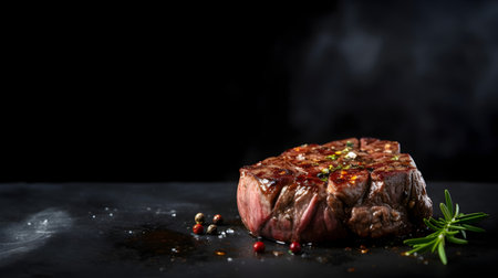 grilled beef steak with rosemary and pepper on a black backgroundの素材