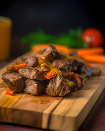 beef stir fry with carrot and pepper on wooden cutting board.の素材