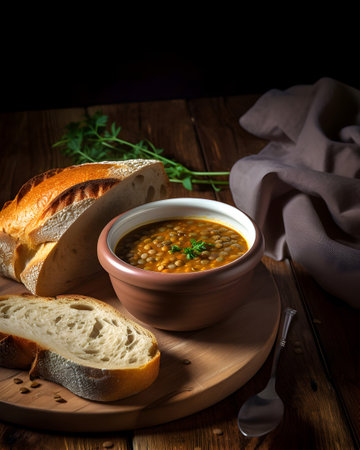 Bowl of lentil soup with bread and parsley on wooden tableの素材