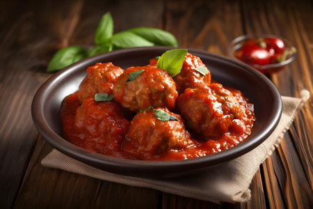 Meatballs in tomato sauce on wooden background. Selective focus.の素材