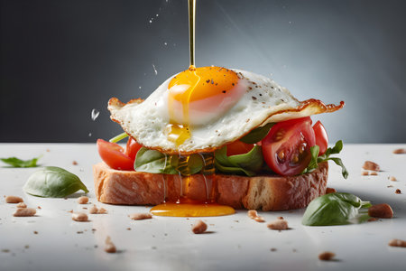 Sandwich with fried egg, tomato and basil on a white backgroundの素材