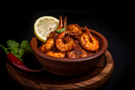 Spicy prawns with chili and lime on a black backgroundの素材