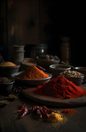 Various spices on wooden background. Selective focus. Toned.の素材