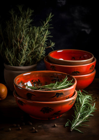 Fresh rosemary and spices in ceramic bowls on a dark background. Selective focus.の素材