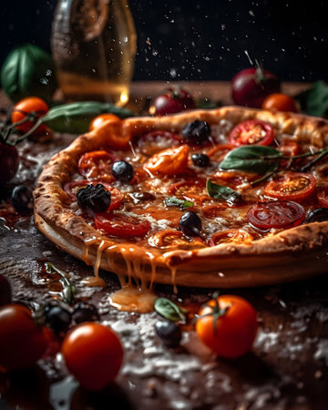 Pizza with cherry tomatoes and mozzarella cheese on a black backgroundの素材