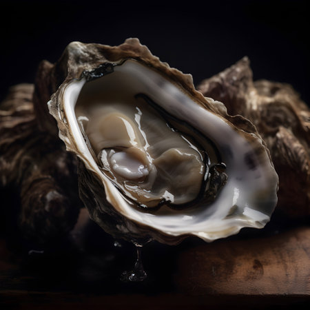 Fresh oyster on a black background. Shallow depth of field.の素材