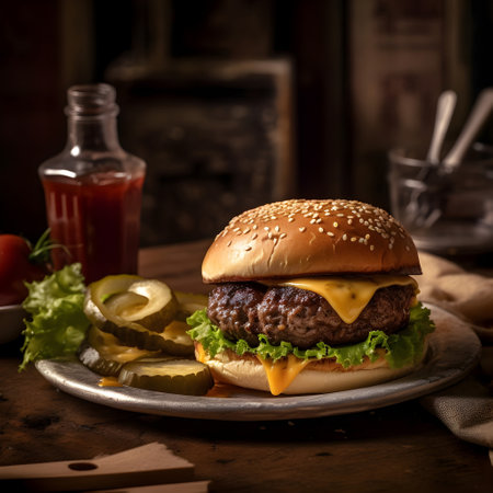 Homemade hamburger with cheese and pickles on rustic backgroundの素材