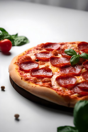 Pizza with salami and cheese on white table, closeupの素材