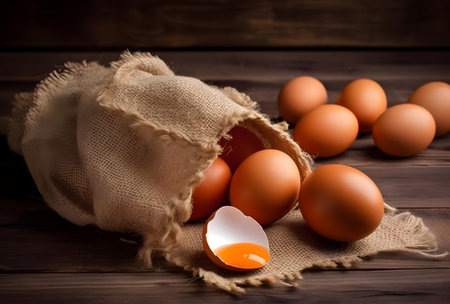 Eggs in a burlap bag on a wooden background.の素材