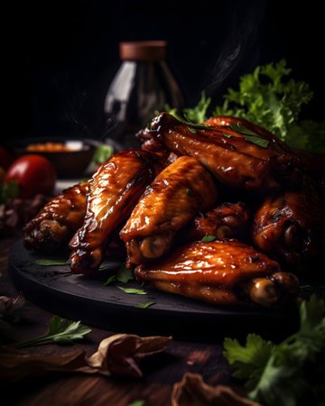 Hot barbecue chicken wings with herbs and spices on a black background.の素材